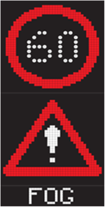 Drive at 60km/h or less and be cautious of the fog beyond this sign